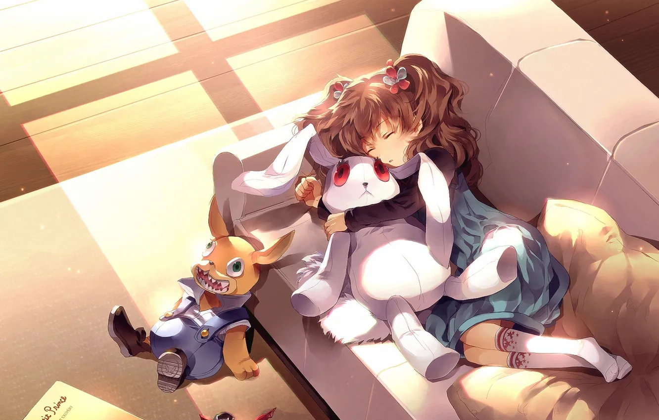 Фото обои солнце, комната, диван, игрушки, сон, кролик, арт, спит