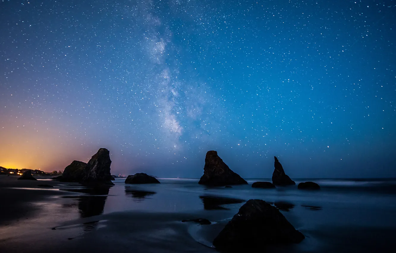 Фото обои пляж, lights, фары, Млечный путь, USA, США, beach, Oregon