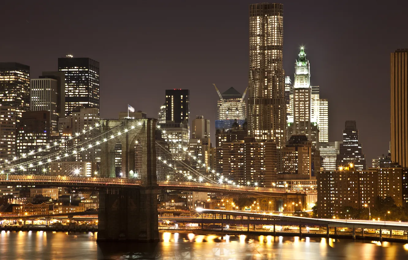 Фото обои ночь, мост, огни, Нью-Йорк, Манхэттен