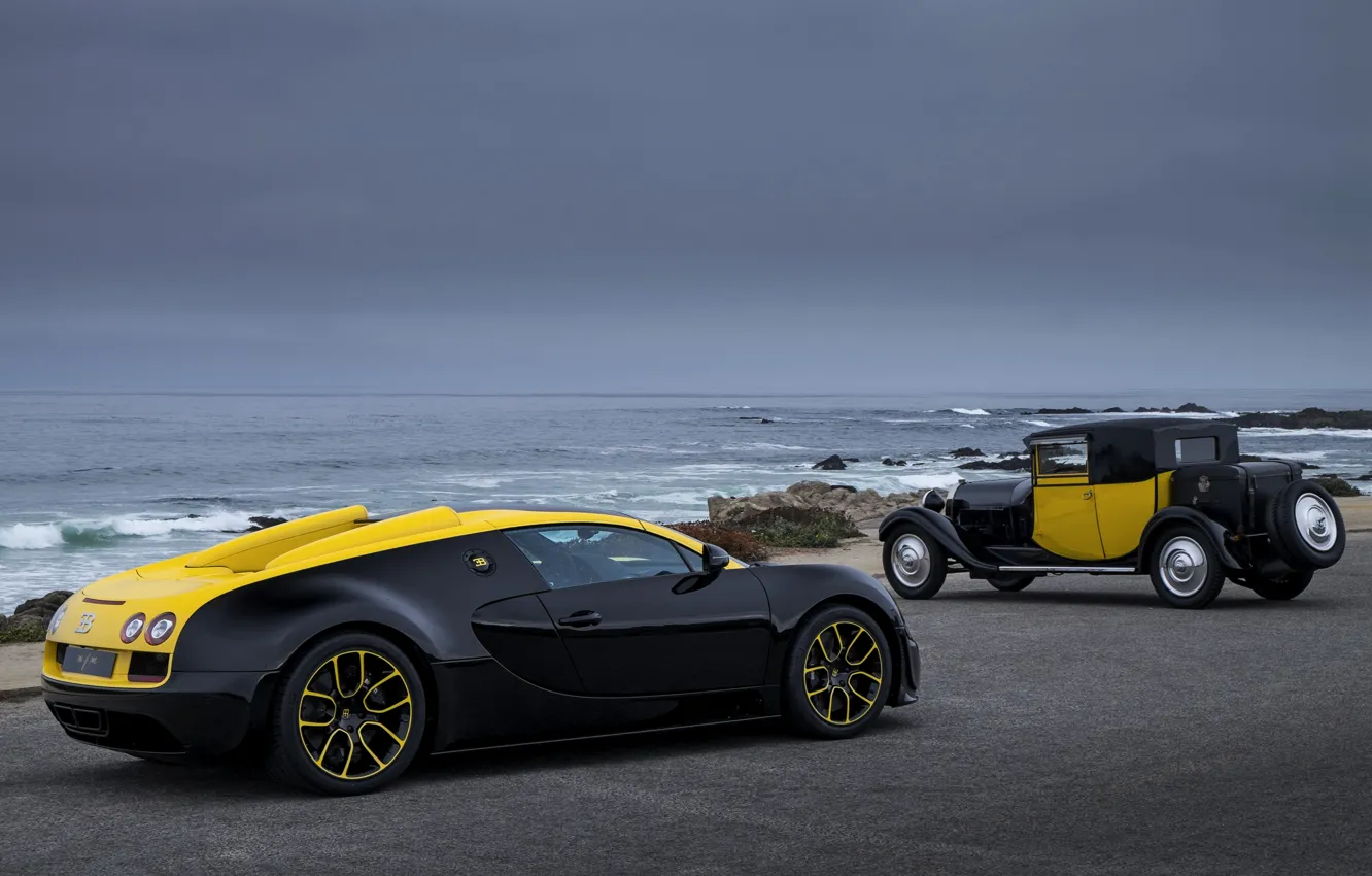 Фото обои Bugatti, Veyron, 2014, чёрно-жёлтый, Veyron Grand Sport Roadster Vitesse One Of One