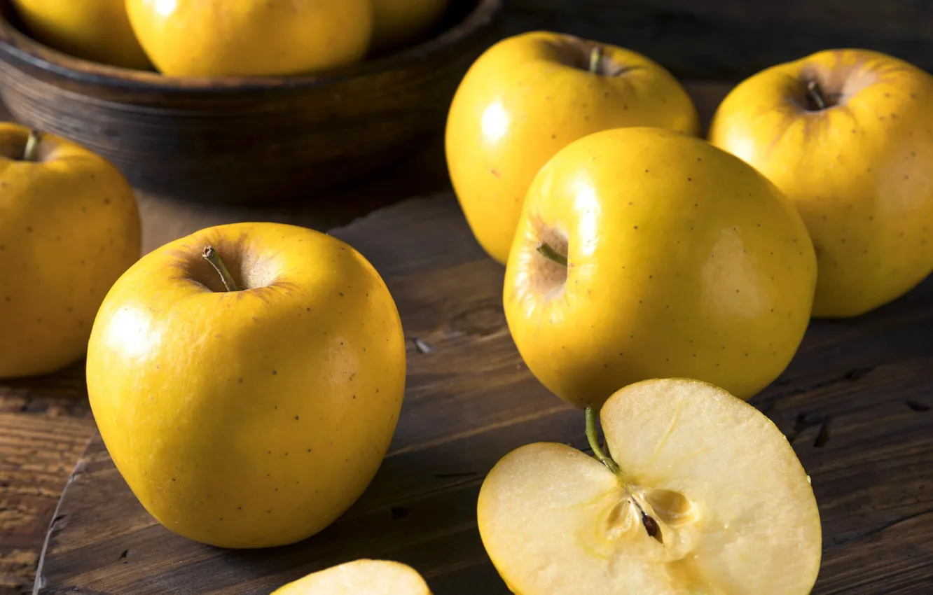 Фото обои яблоки, доски, желтые, миска