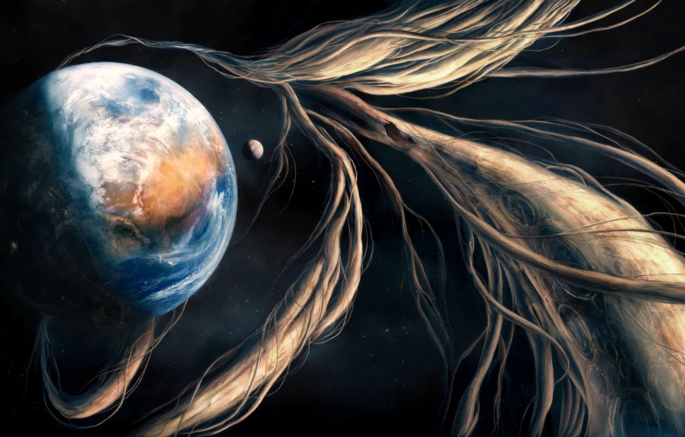 Фото обои космос, планета, спутник, звёзды, space, art