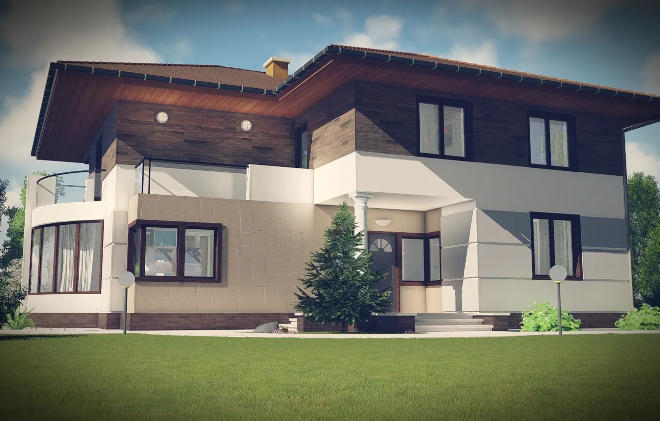 Фото обои небо, деревья, дома, коттедж, фасад