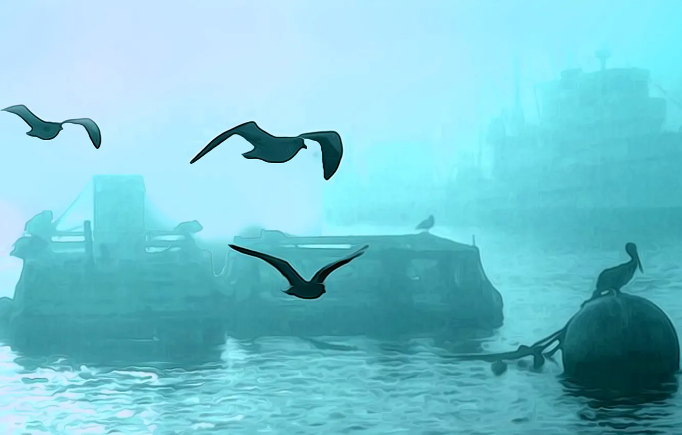 Фото обои птицы, туман, корабль, гавань