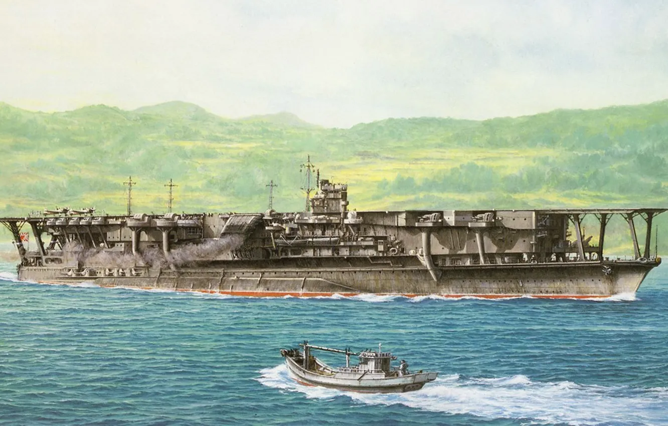 Фото обои корабль, арт, авианосец, флот, военный, японский, WW2, aircraft carrier