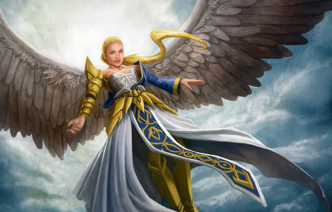 Фото обои девушка, облака, крылья, ангел, арт, в небе