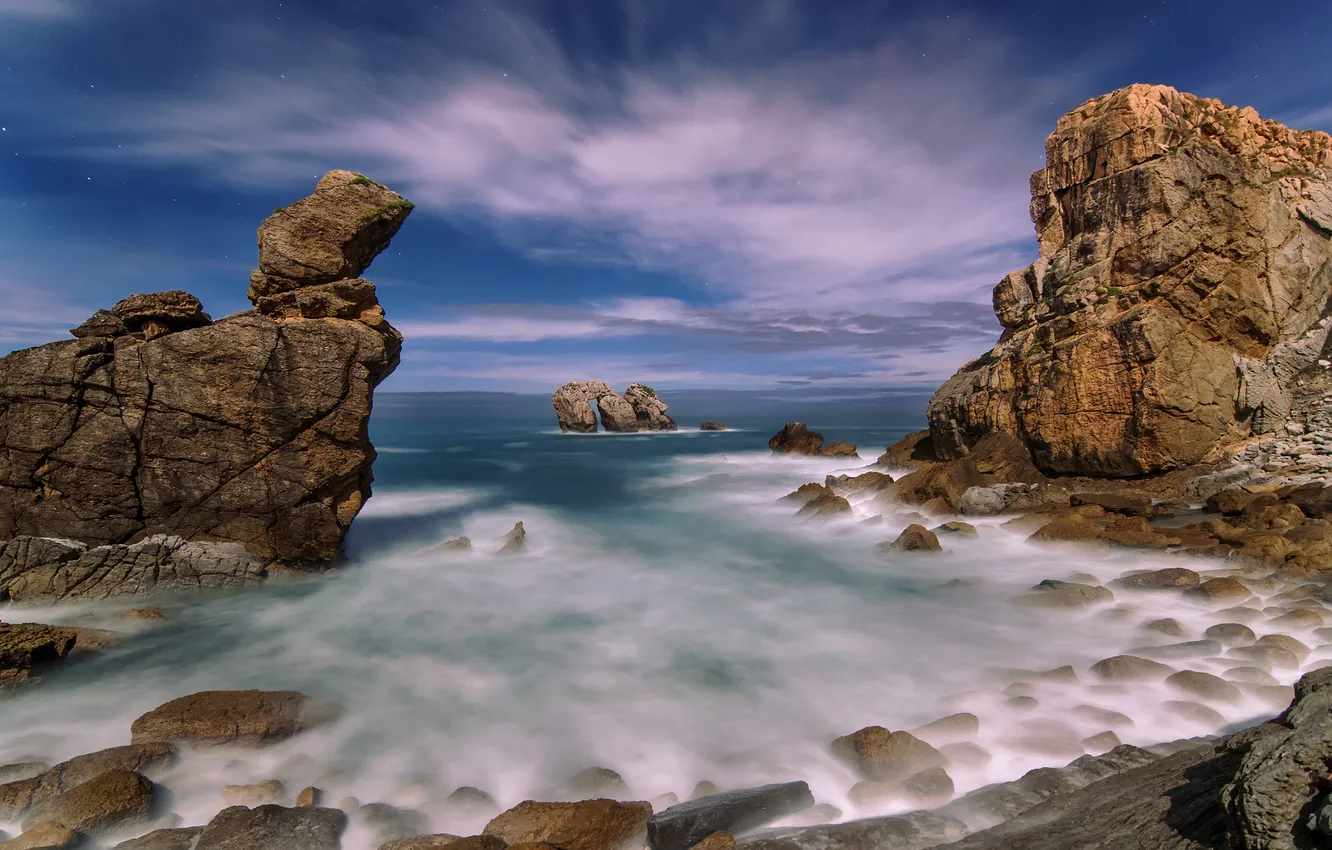 Фото обои море, пейзаж, камни, скалы, прибой