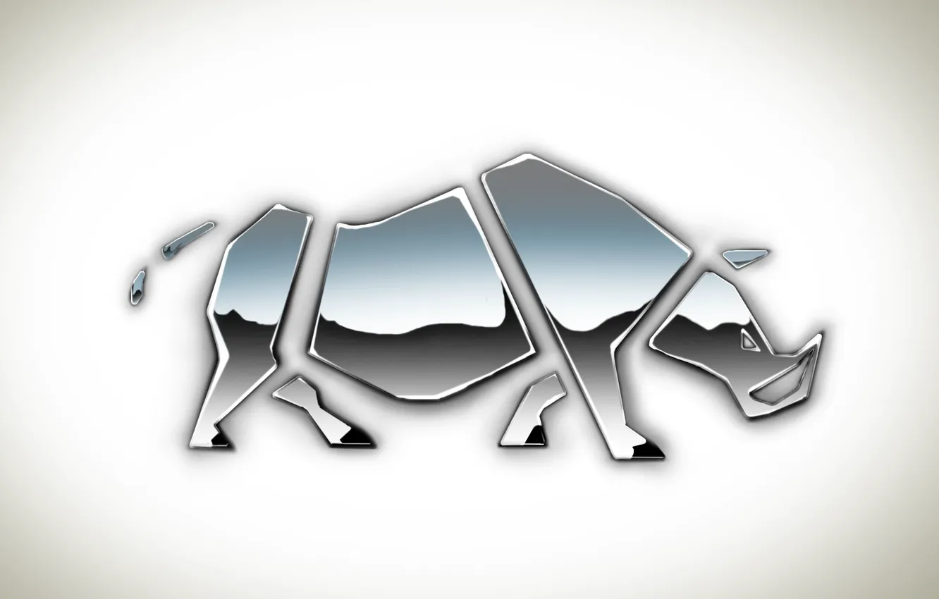 Фото обои металл, отражение, фигура, белый фон, части, носорог