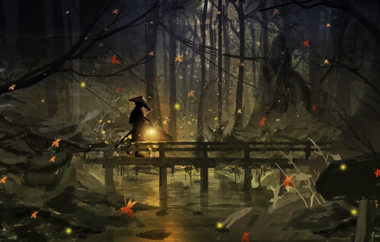 Фото обои осень, лес, ночь, светлячки, человек, фонарь