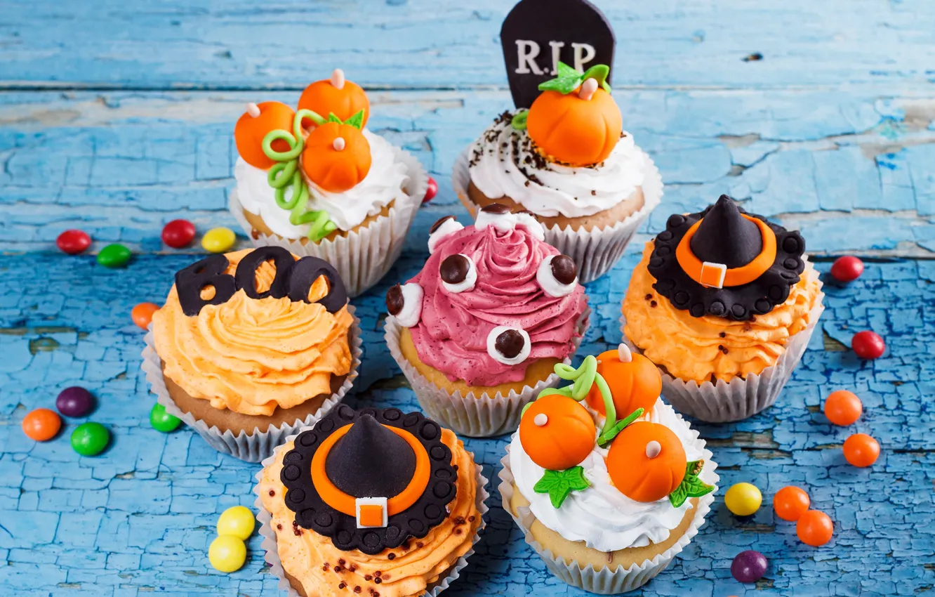 Фото обои Halloween, тыква, Хеллоуин, cake, крем, пирожные, сладкое, cupcake