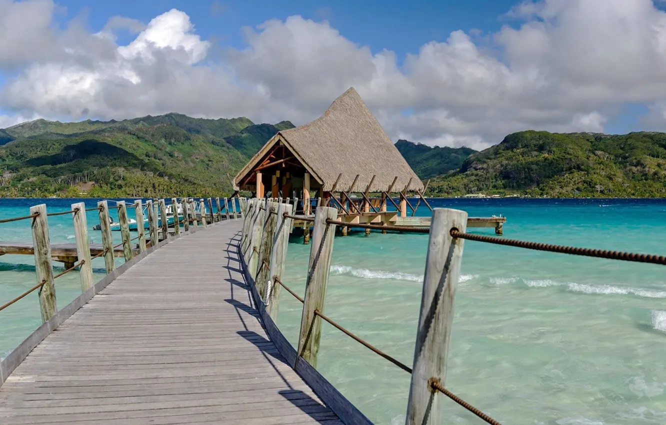 Фото обои океан, причал, курорт, бунгало, Tahiti, Французская Полинезия, Le Taha'a Island Resort & Spa