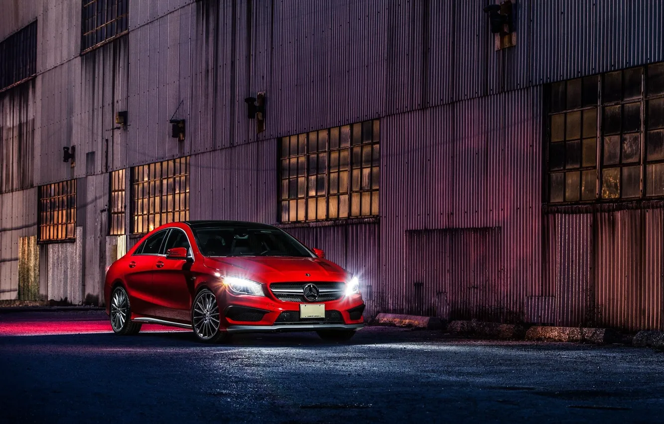 Фото обои Mercedes-Benz, Red, Car, Front, AMG, CLA45, Ligth, Nigth