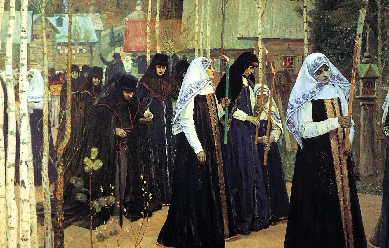 Фото обои деревья, люди, улица, дома, картина, деревня, живопись, монахини