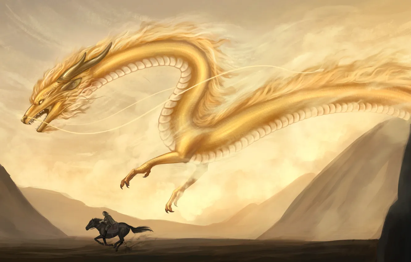 Фото обои песок, горы, желтый, животное, дракон, лошадь, фэнтези, арт