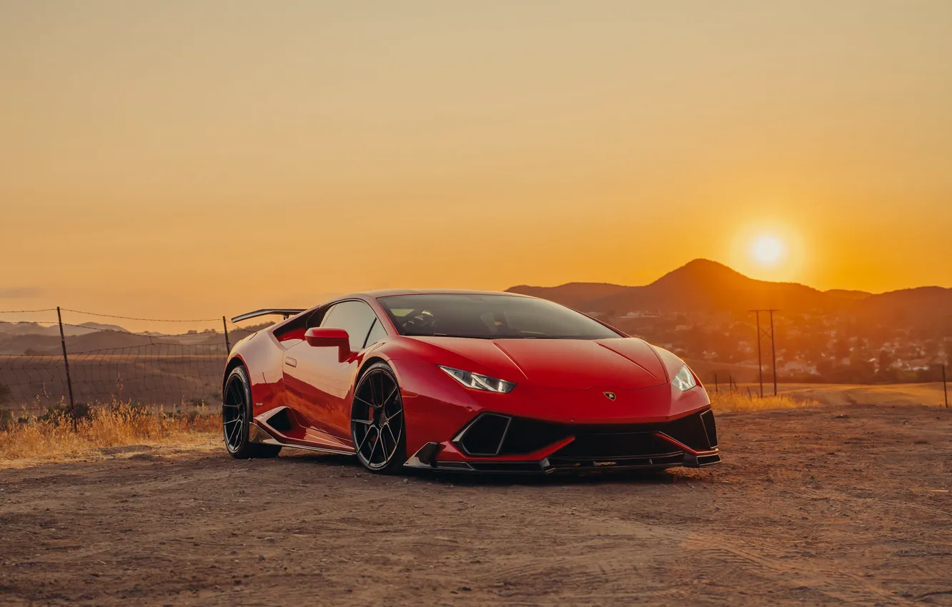 Фото обои Lamborghini, Sun, Sunset, RED, VAG, Huracan