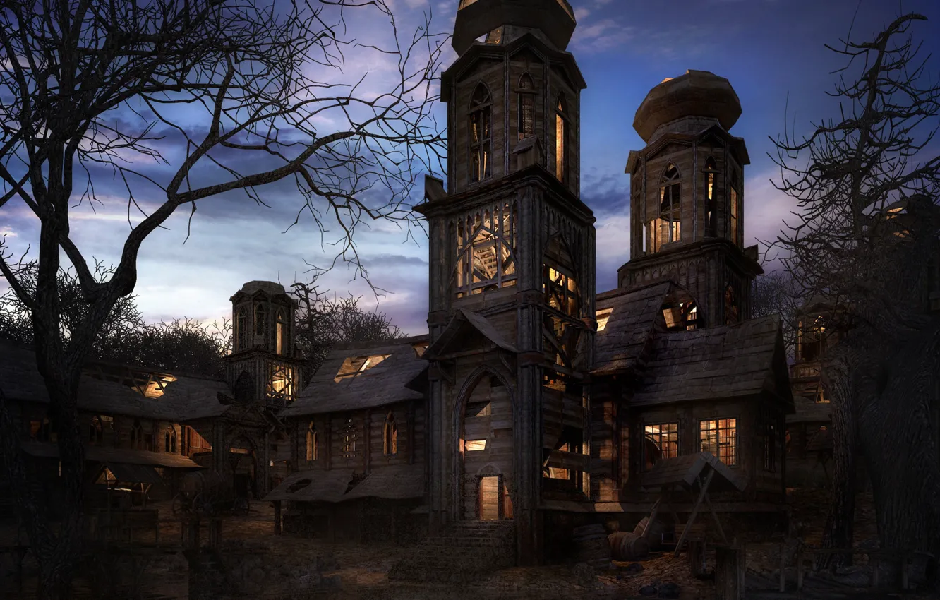 Фото обои деревья, ночь, строения, THE HAUNTED, one spooky night