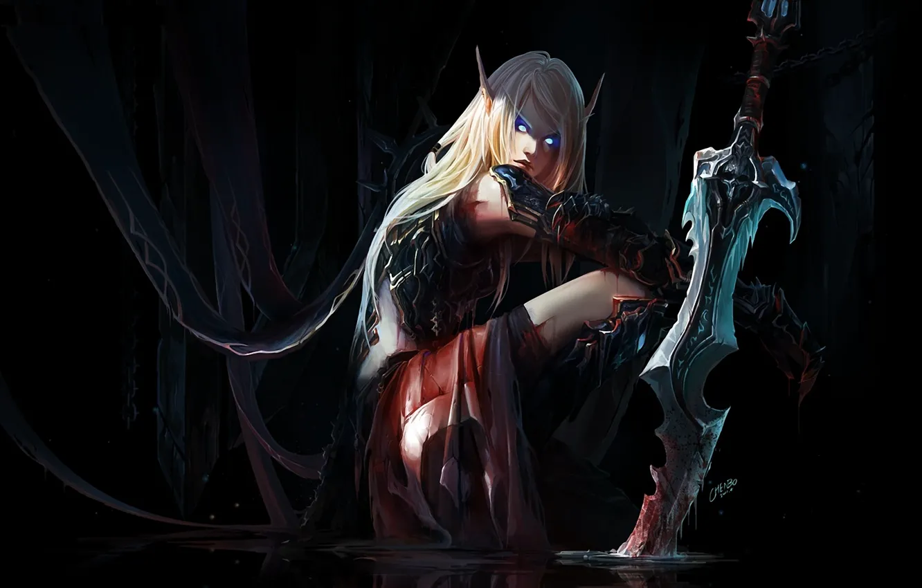 Фото обои глаза, вода, девушка, кровь, эльф, меч, арт, эльфийка