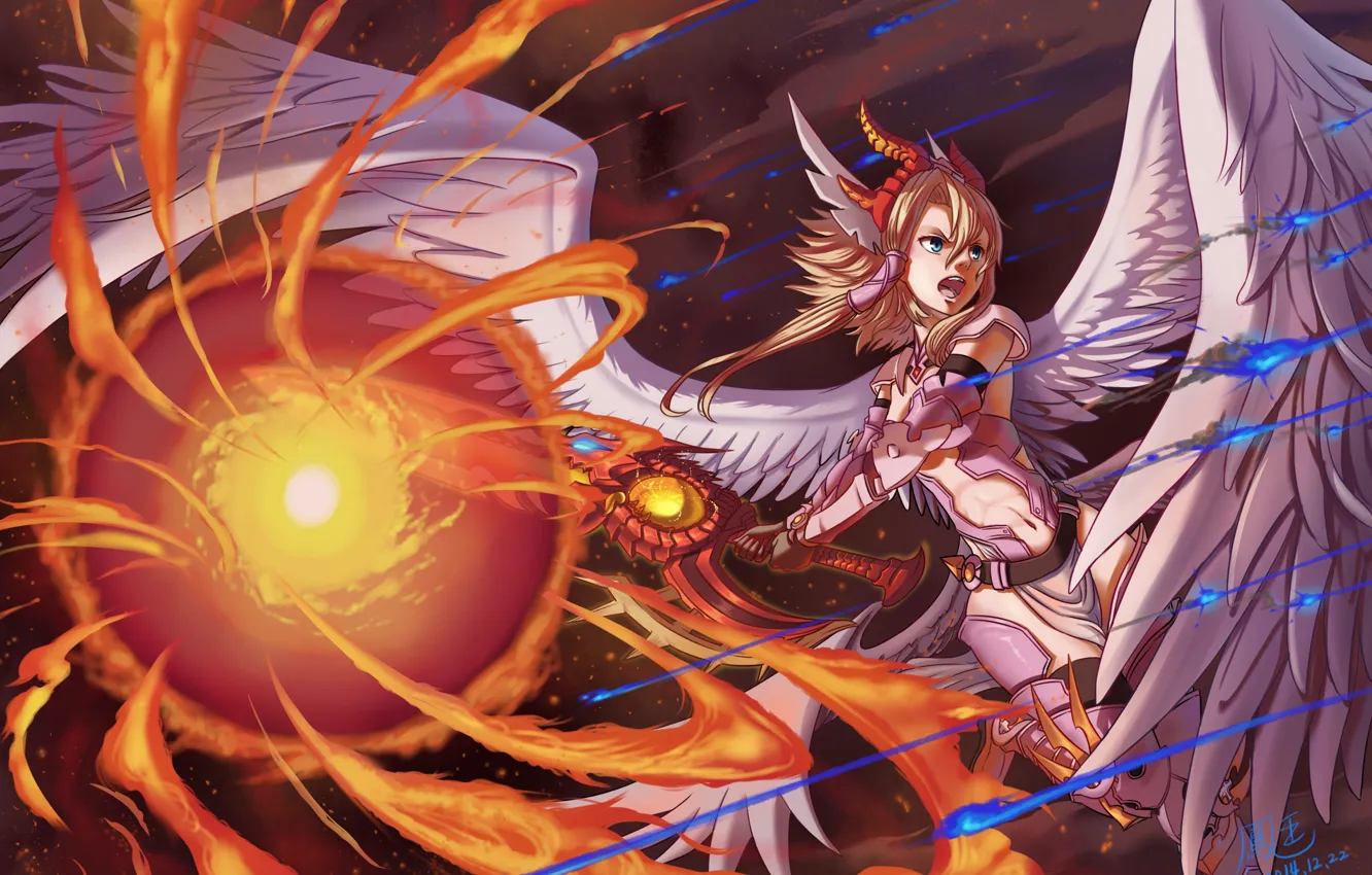 Фото обои девушка, оружие, магия, крылья, меч, аниме, арт, ho-oh