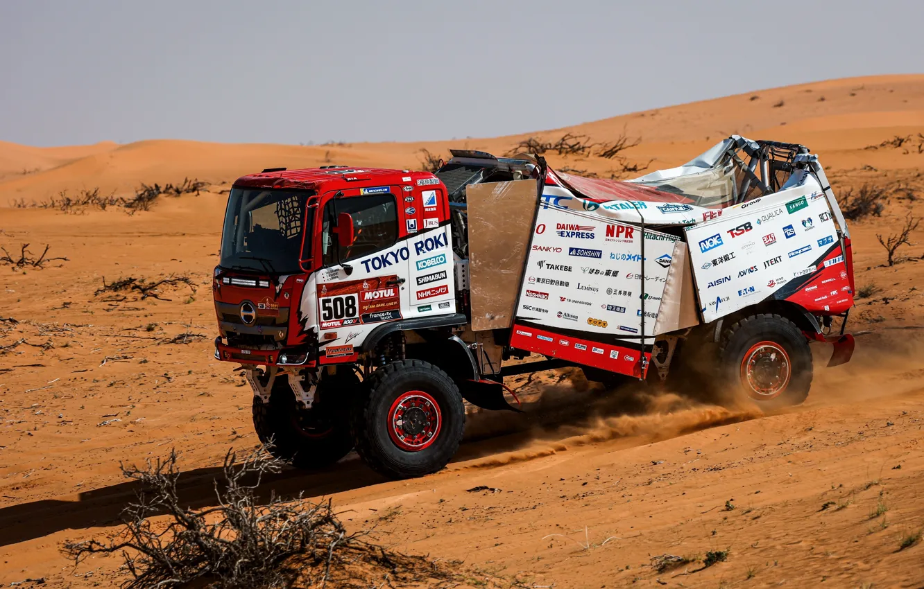 Фото обои песок, пустыня, грузовик, ралли, 500, Ranger, 2021, Hino