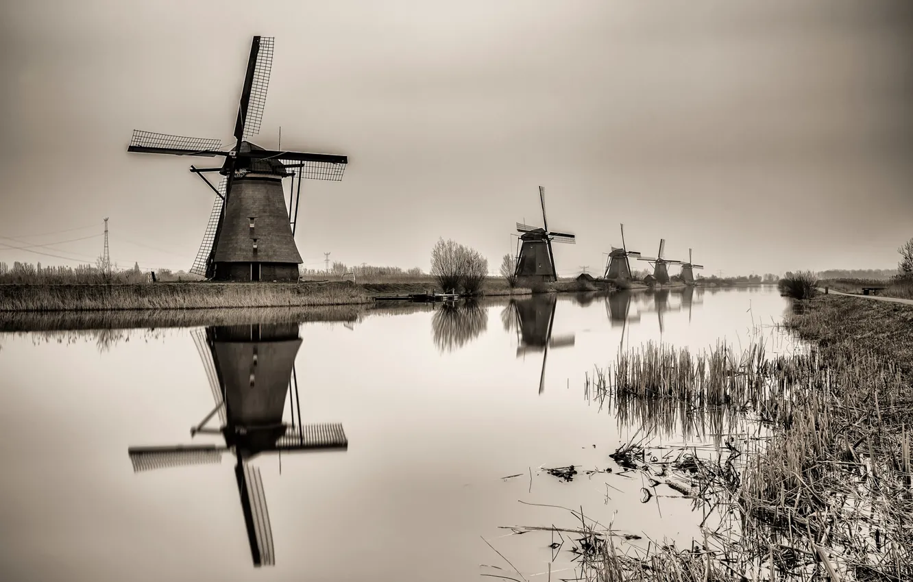 Фото обои осень, канал, Нидерланды, ветряная мельница