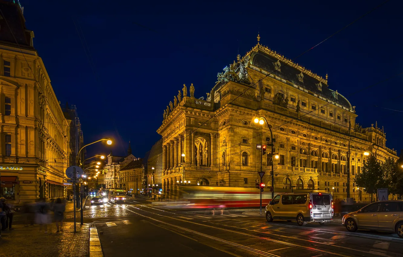 Фото обои ночь, город, Прага, Чехия, Praha, Пражский национальный театр