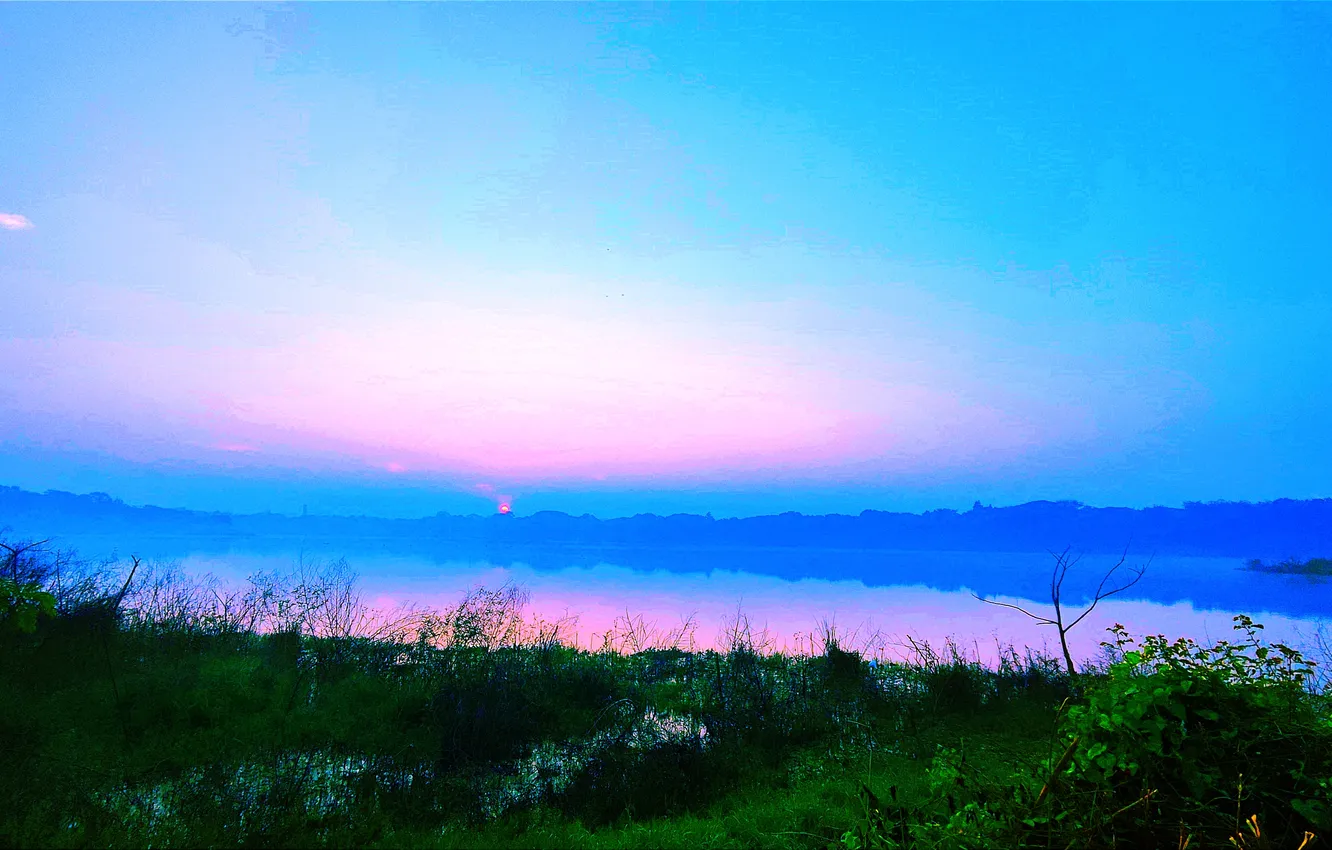 Фото обои Sky, Grass, Sun, Water, Sunrise, Dawn, Morning, Lake