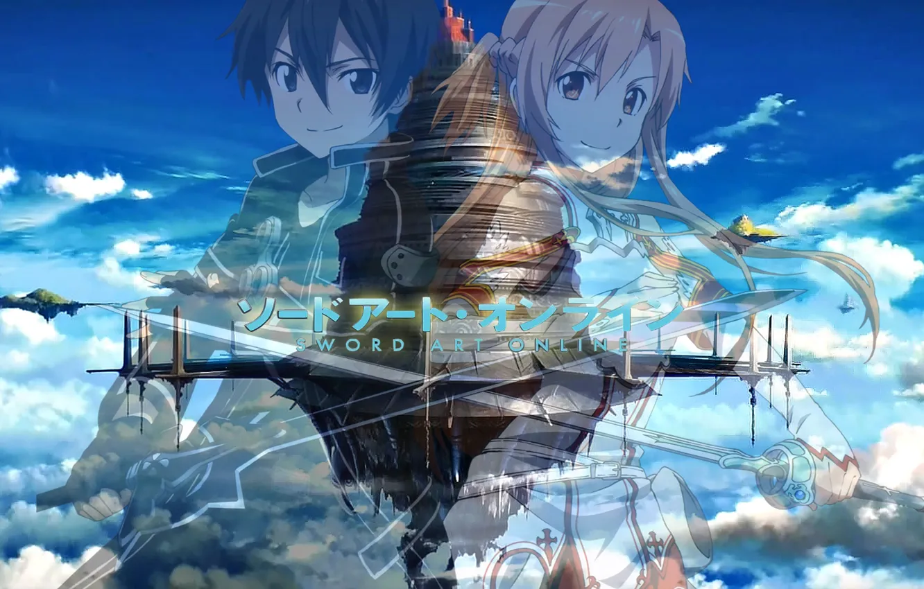Фото обои небо, облака, летающий остров, Yuuki Asuna, Sword Art Online, Kirito, Kirigaya Kazuto, Мастера Меча Онлайн