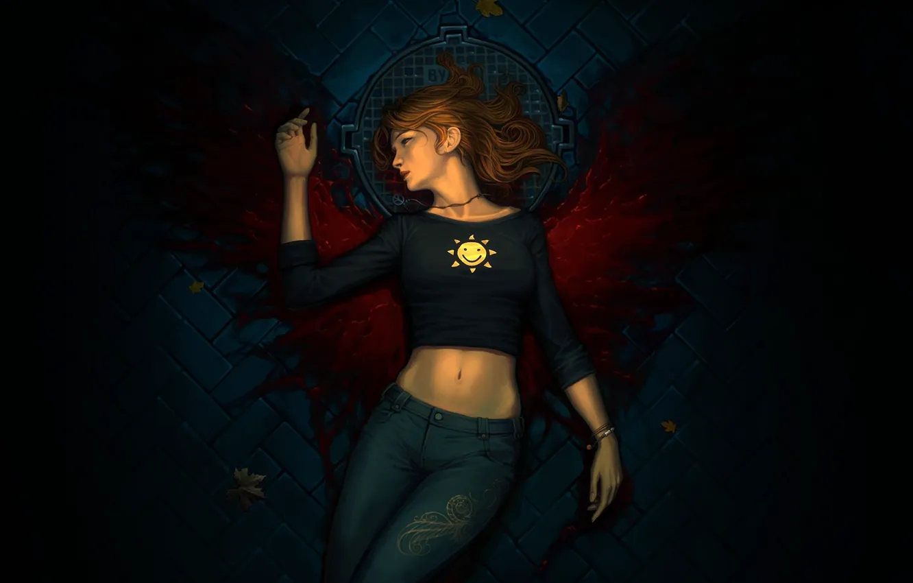 Фото обои листья, девушка, кровь, крылья, джинсы, брусчатка, арт, крышка