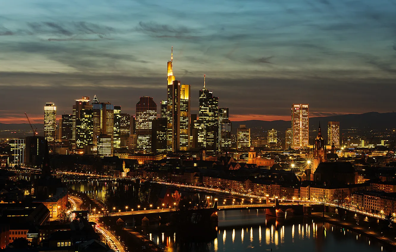 Фото обои мост, отражение, Германия, зеркало, горизонт, подсветка, ночью, Франкфурт