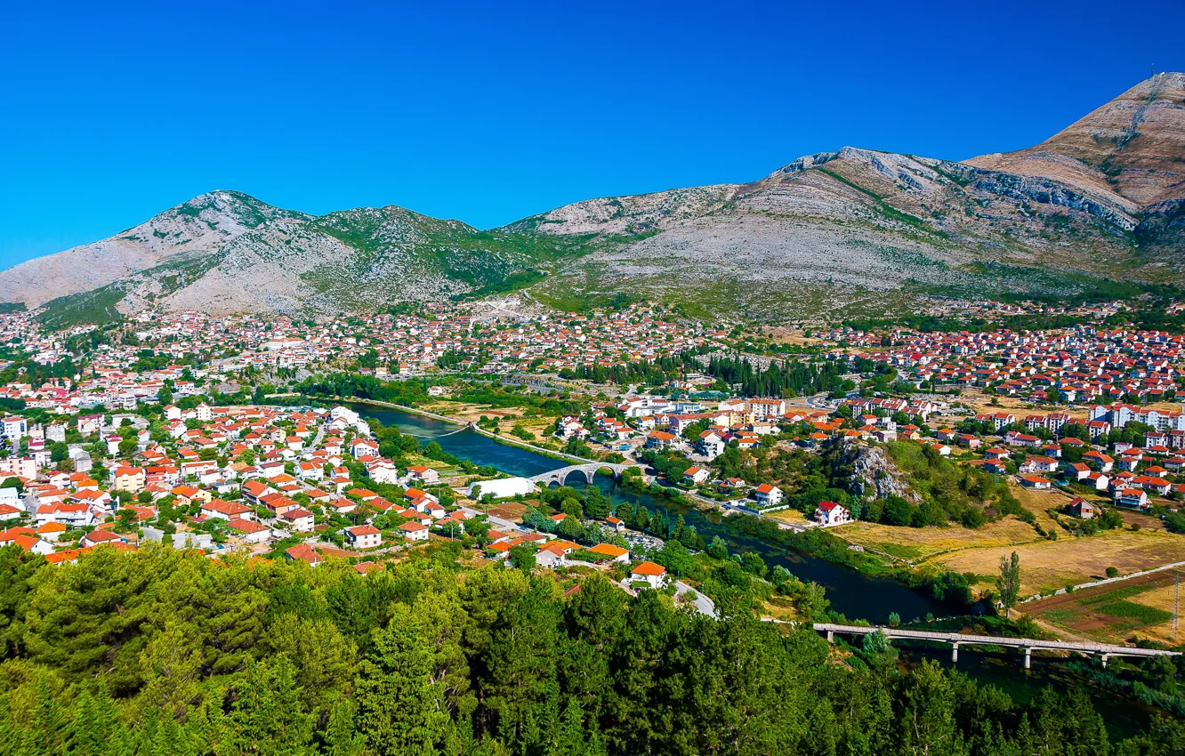 Фото обои Дома, Город, Река, Пейзаж, Босния и Герцеговина, Мосты, Требинье