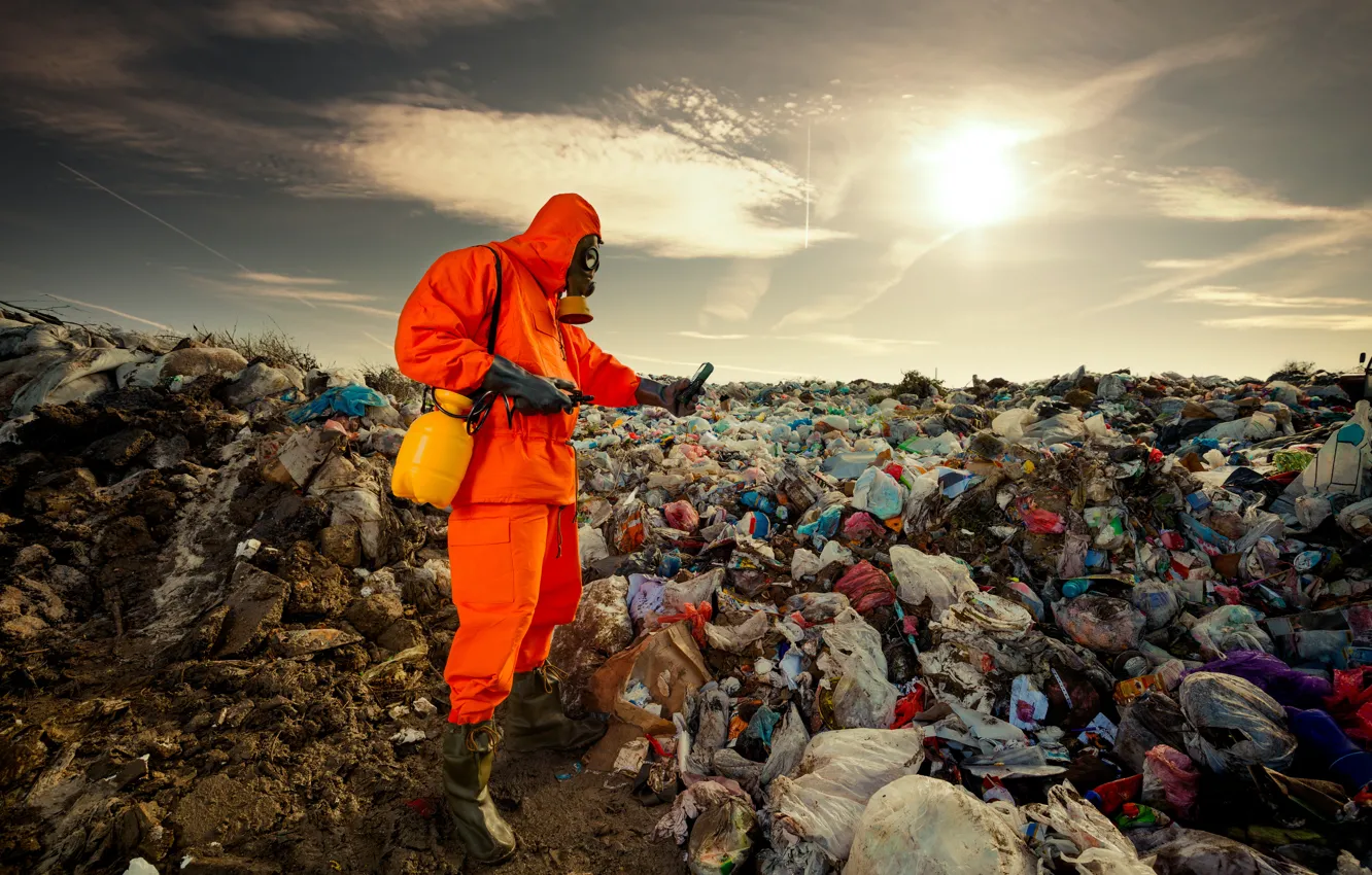 Фото обои garbage, personal protective equipment, worker, pollution