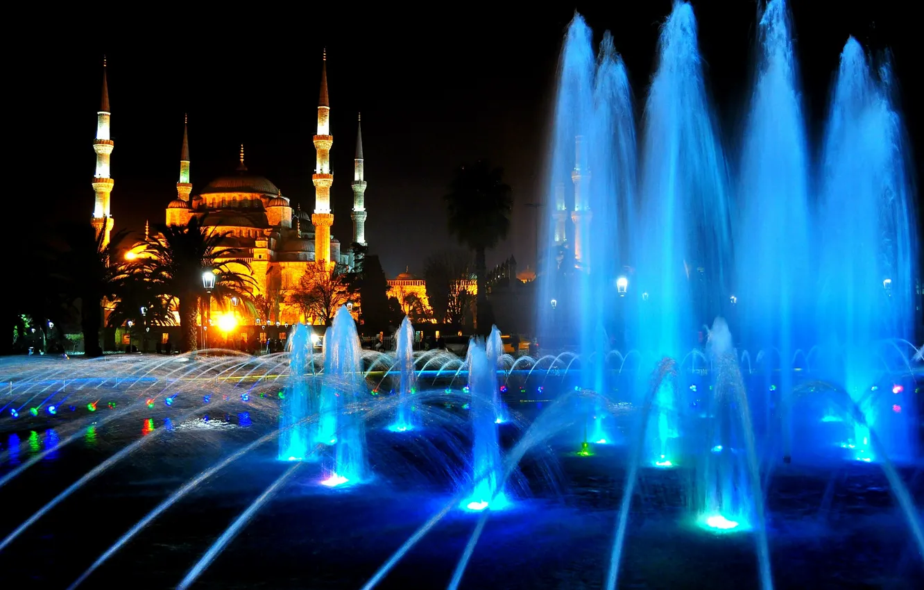 Фото обои ночь, Стамбул, Турция, night, Istanbul, Blue Mosque, голубая мечеть