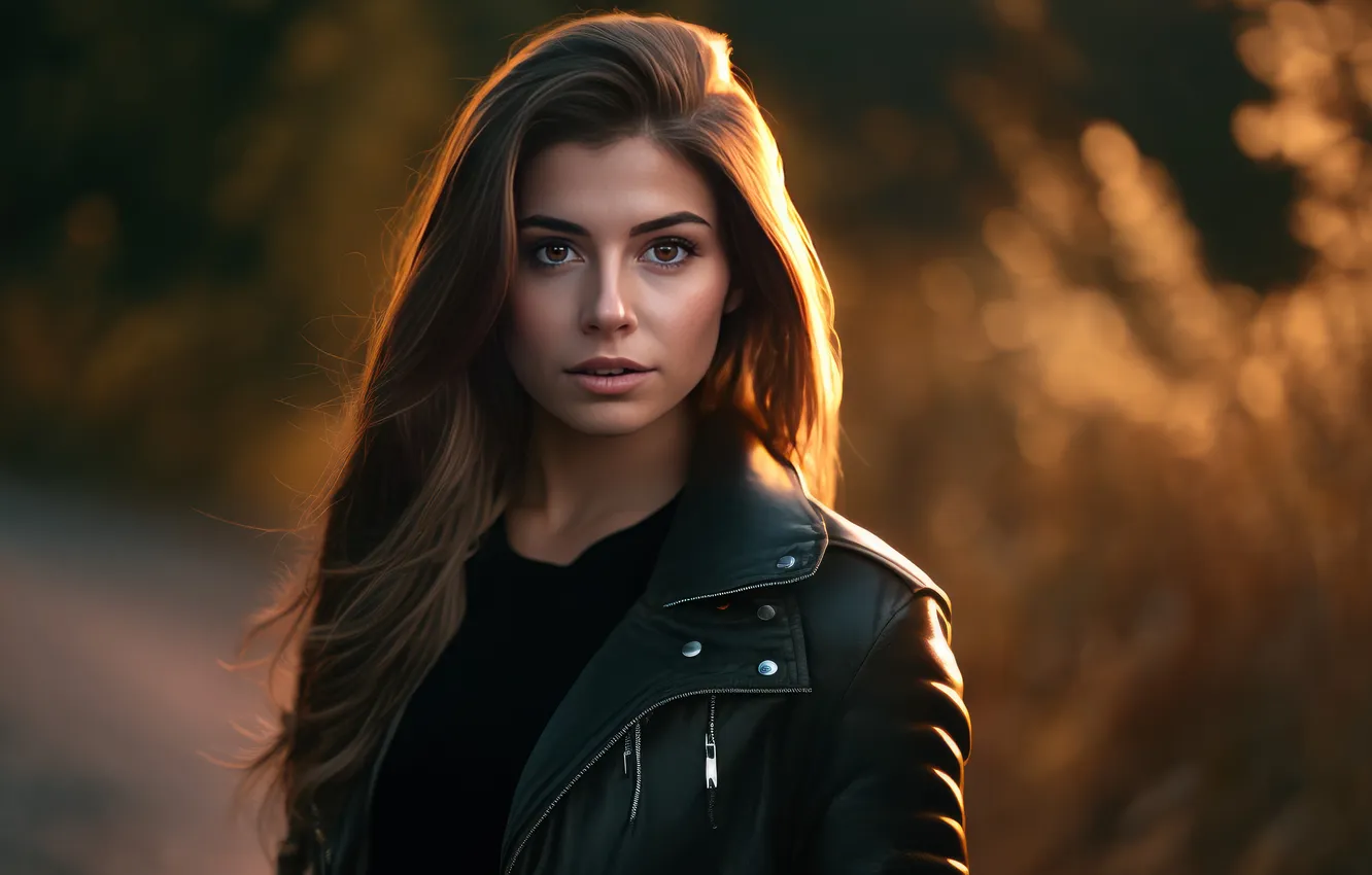 Фото обои forest, long hair, evening, women, jacket, looking at viewer, AI art
