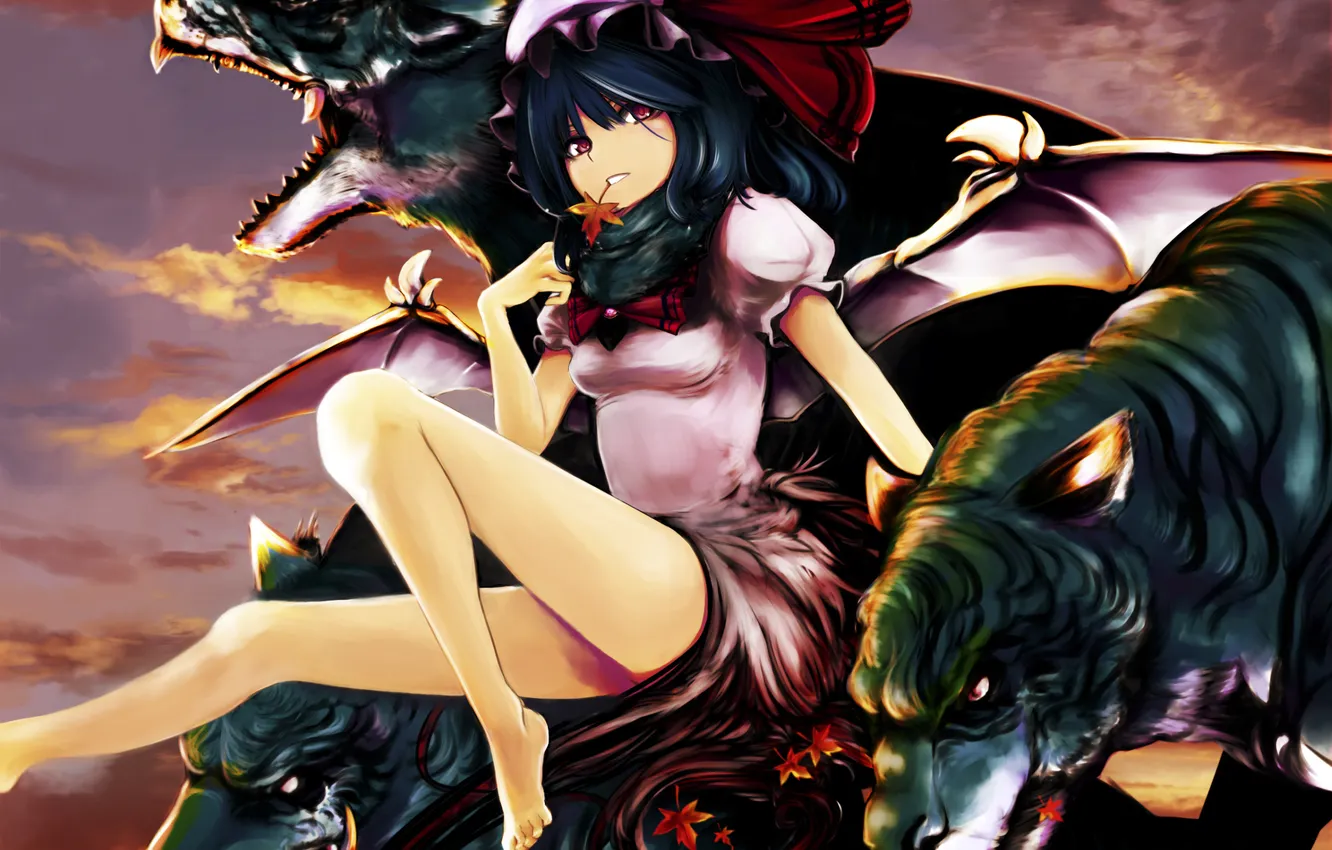 Фото обои животные, листья, девушка, крылья, арт, тигры, touhou, remilia scarlet