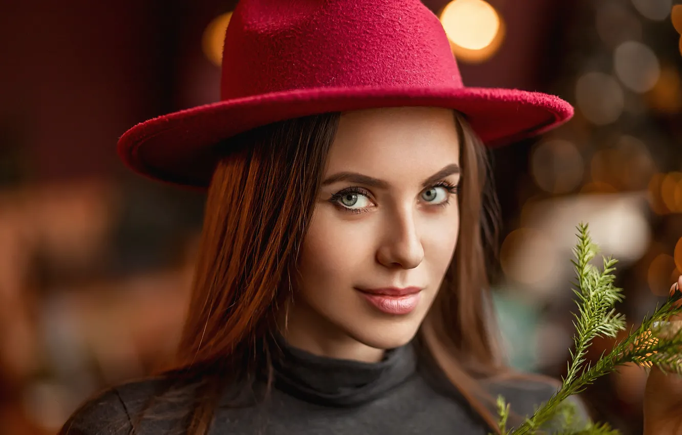 Фото обои взгляд, девушка, лицо, веточка, портрет, шляпа, боке, Георгий Дьяков