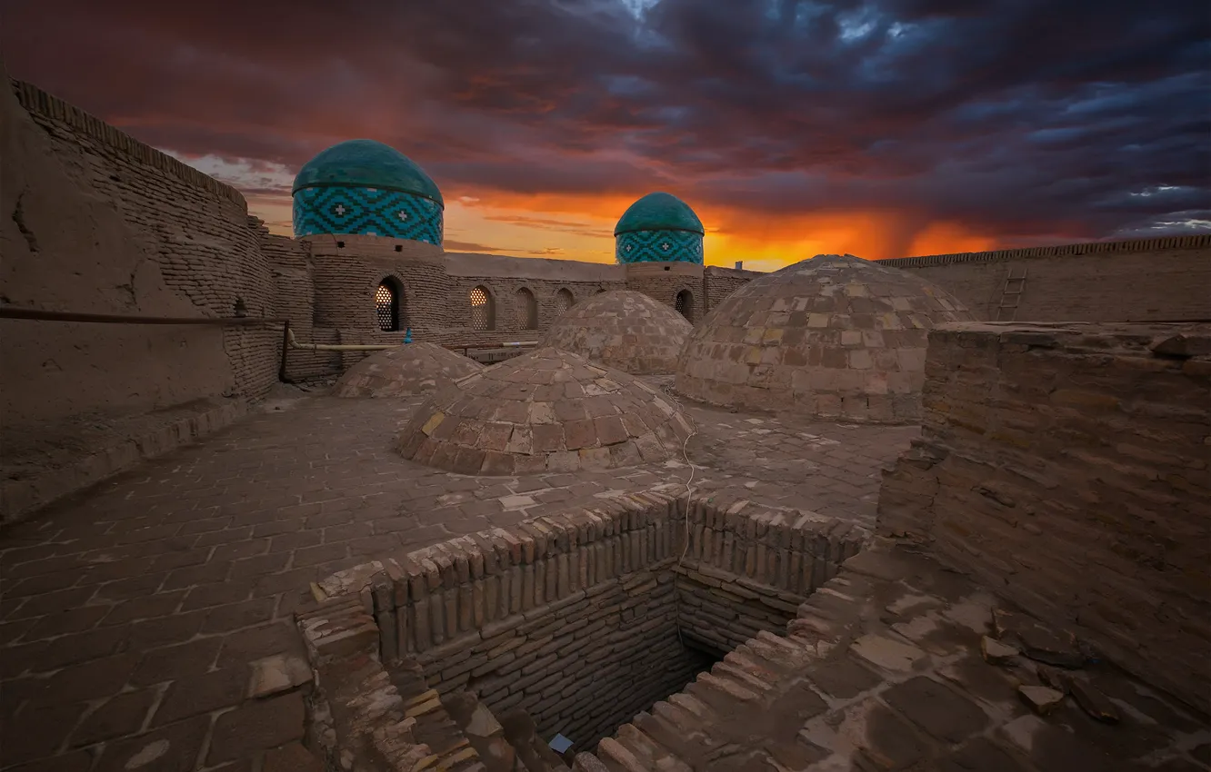 Фото обои стена, зарево, купол, Узбекистан, Хива