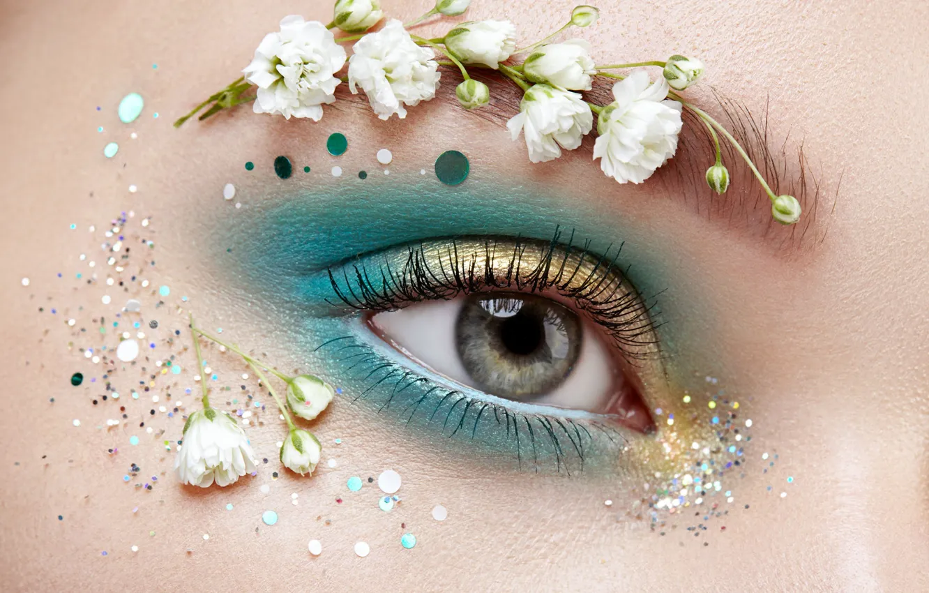 Фото обои девушка, цветы, лицо, глаз, макияж, блестки, Oleg Gekman