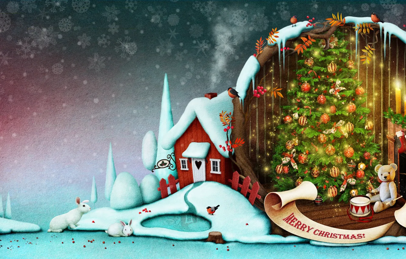 Фото обои зима, снег, снежинки, фон, праздник, шары, игрушки, дым