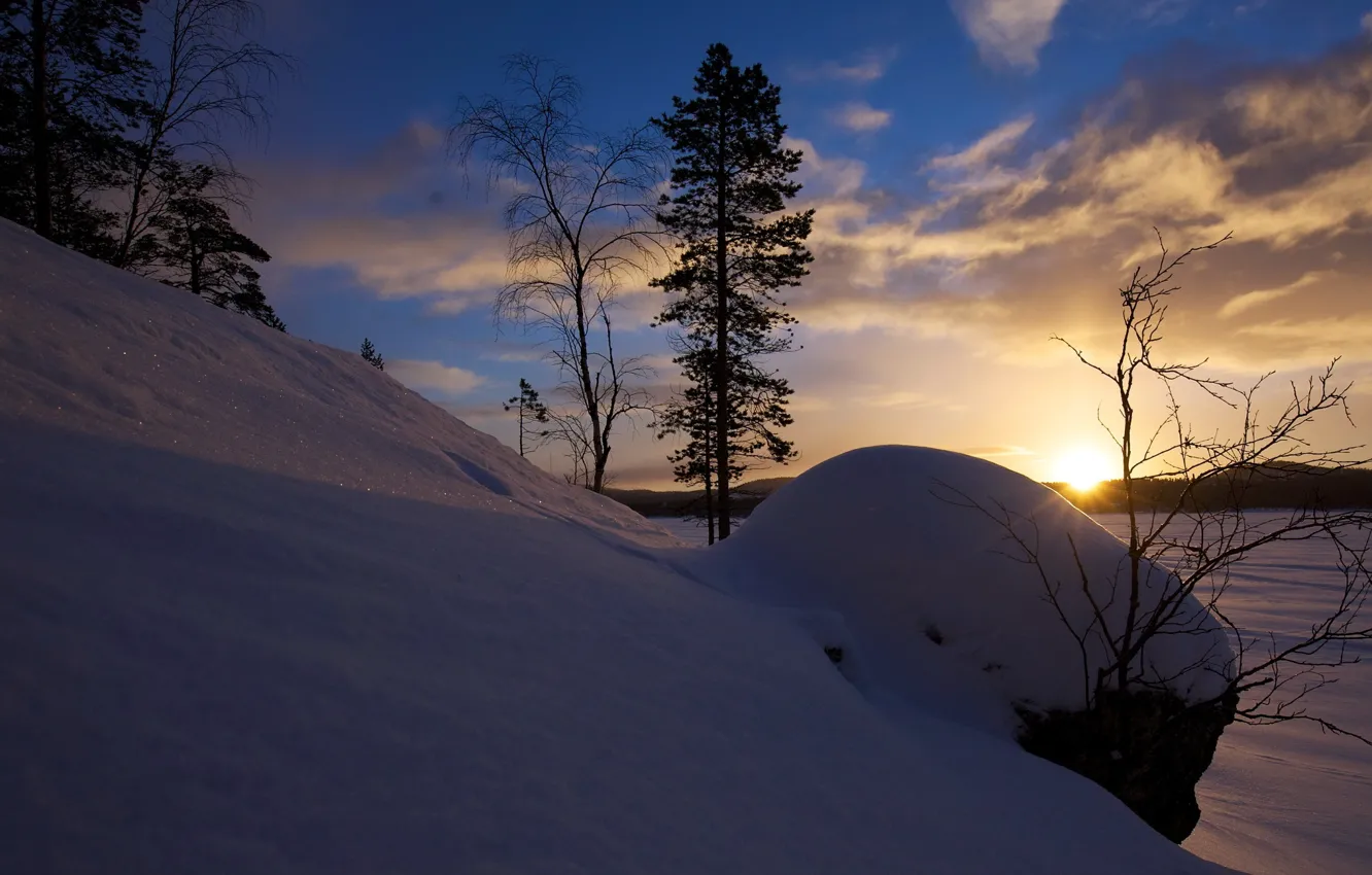 Фото обои зима, снег, закат, природа, фото, рассвет