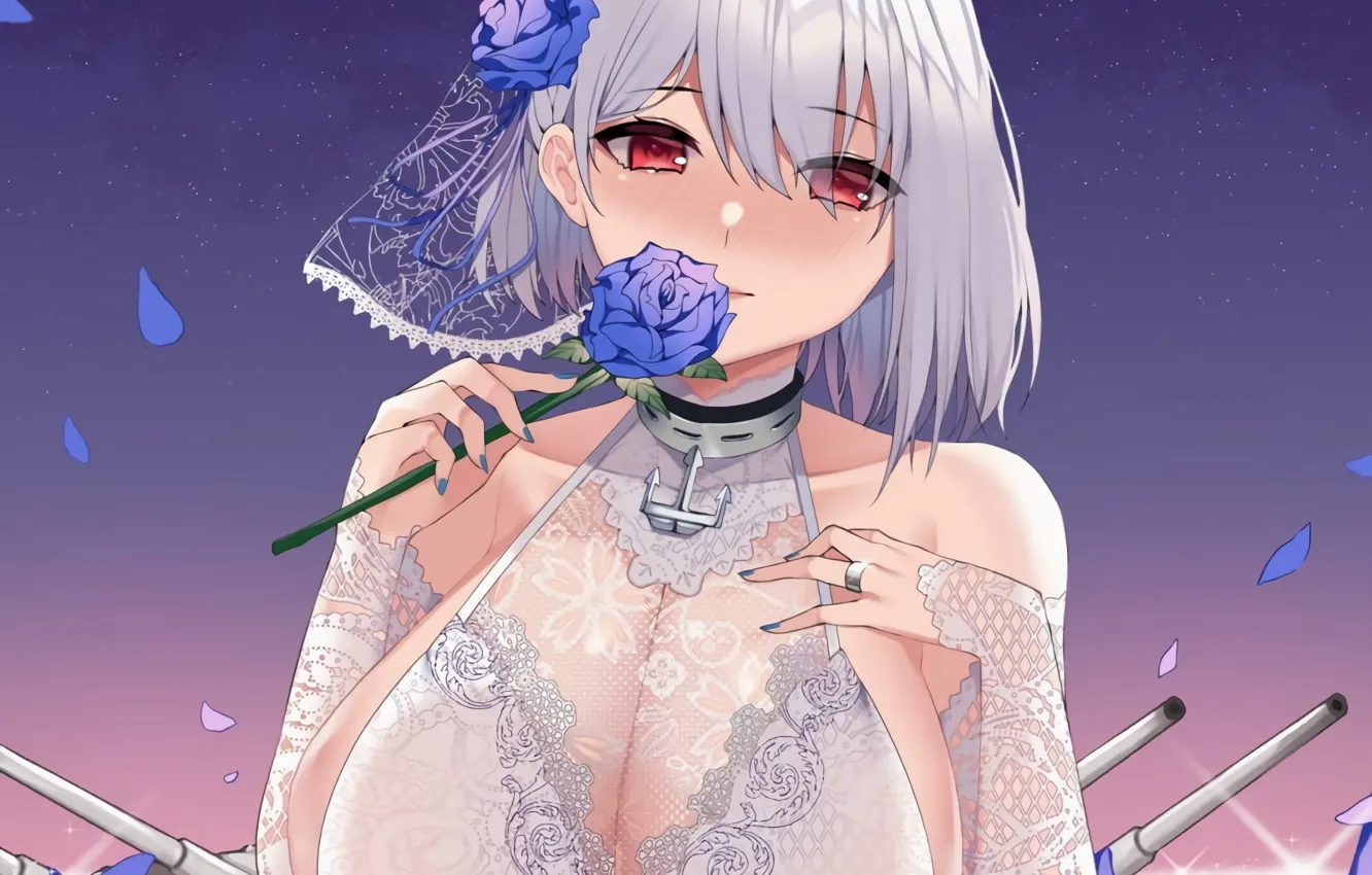 Фото обои girl, rose, sexy, cleavage, flower, dress, boobs, anime