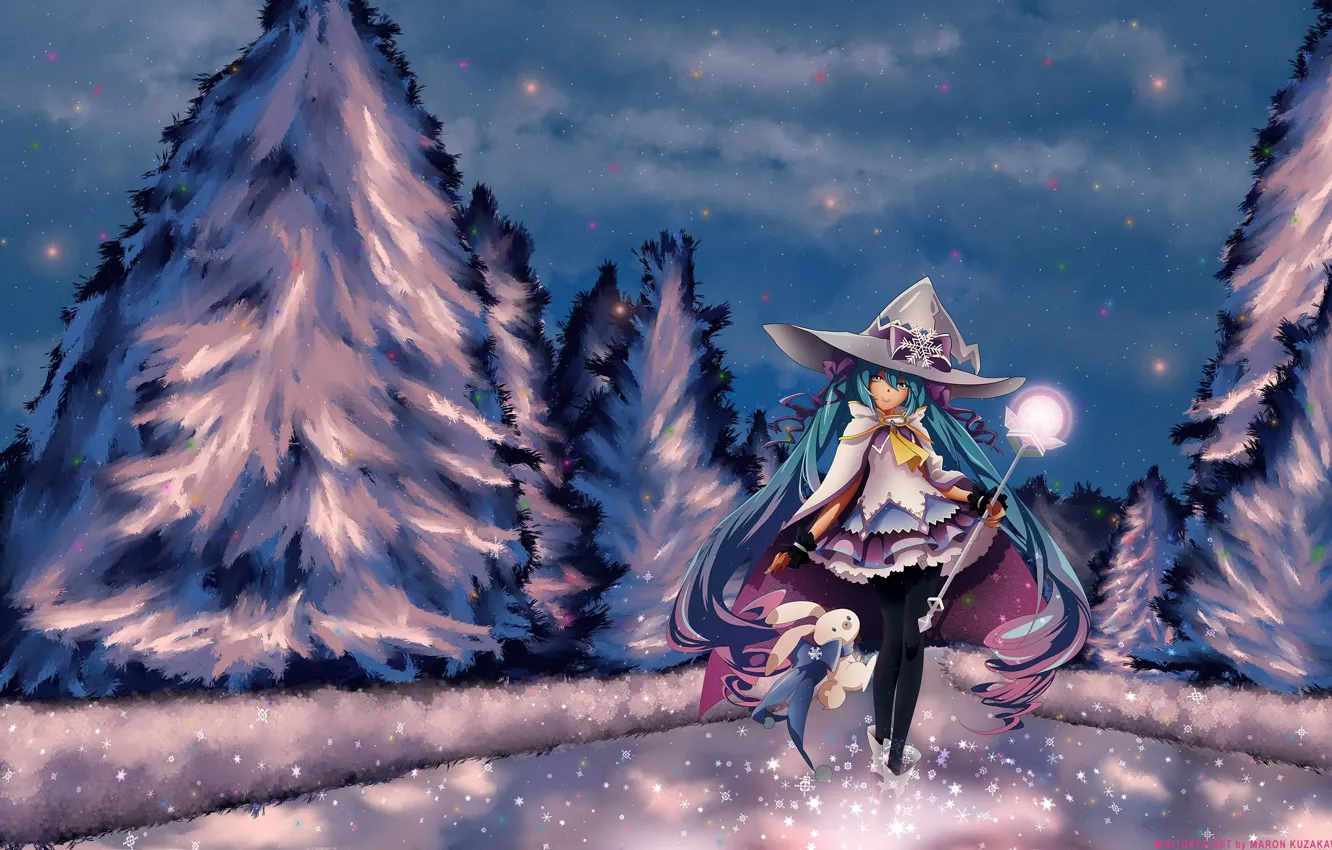 Фото обои зима, небо, девушка, звезды, облака, снег, деревья, снежинки