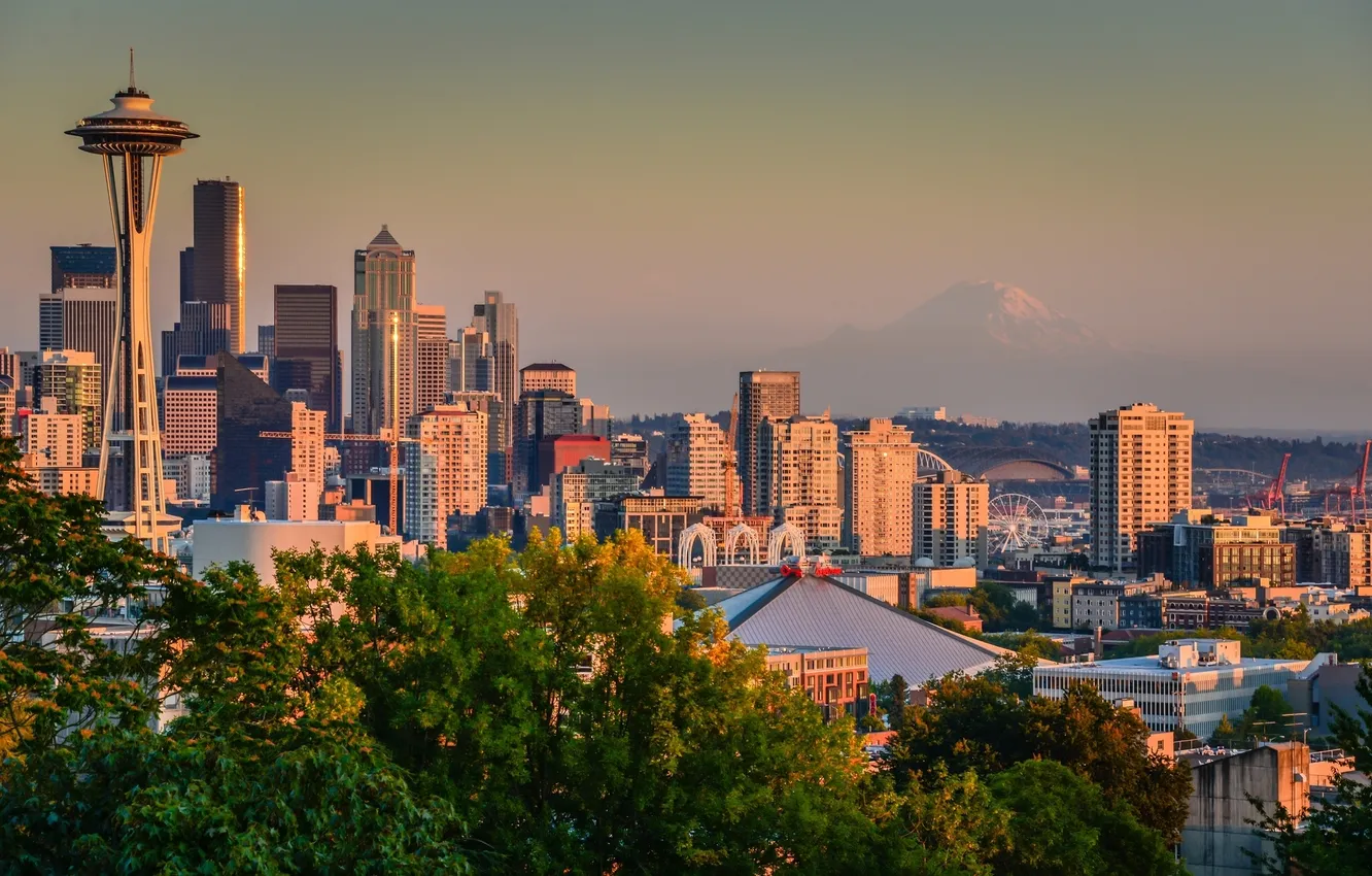Фото обои здания, панорама, Сиэтл, Washington, Seattle, штат Вашингтон, Mount Rainier, гора Рейнир