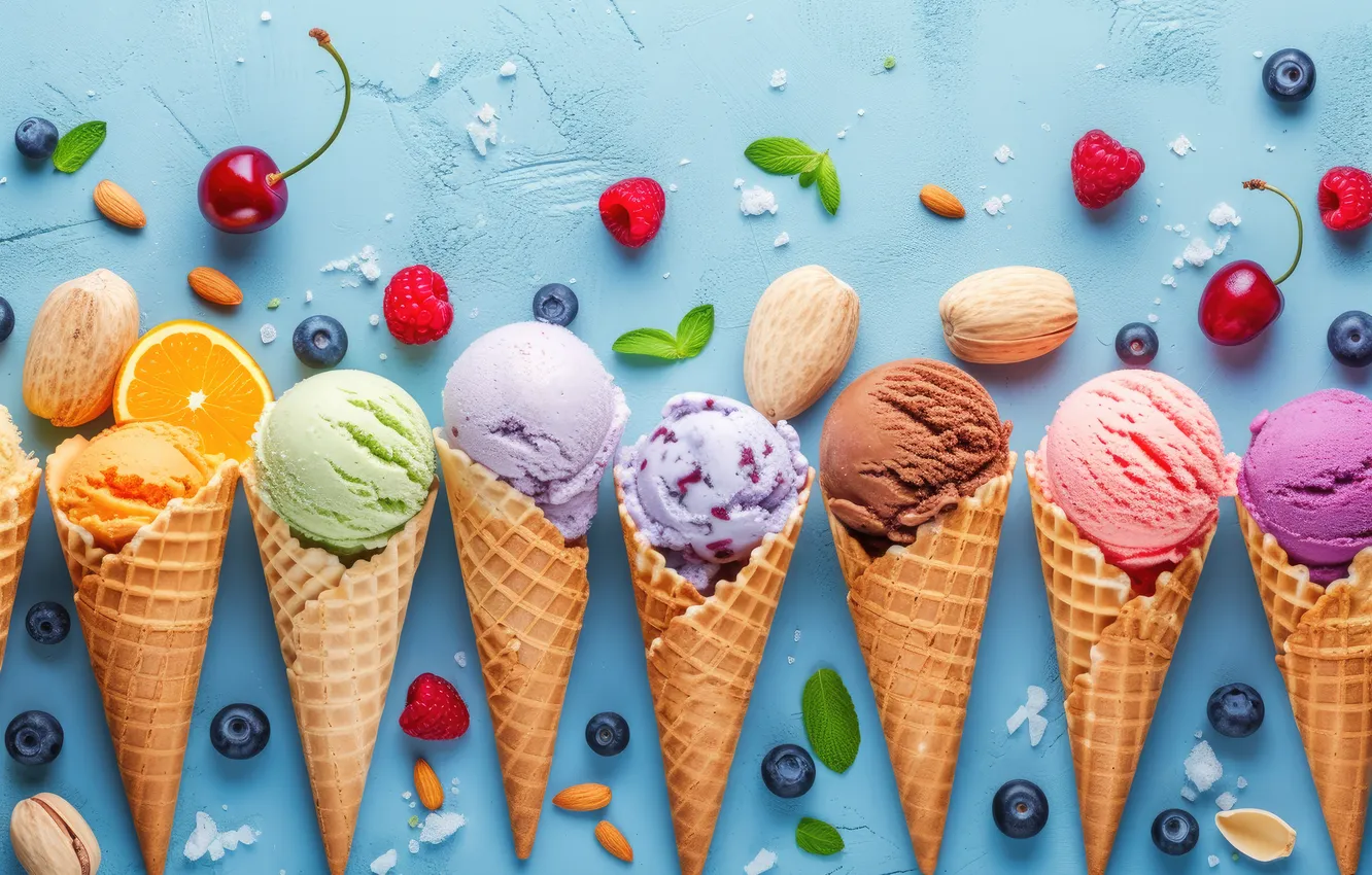 Фото обои ягоды, colorful, мороженое, фрукты, рожок, fruits, berries, ice cream