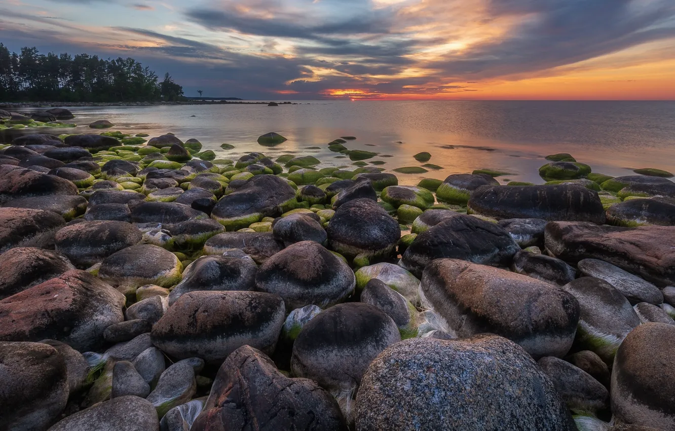 Фото обои море, пейзаж, закат, природа, камни, берег, Эстония