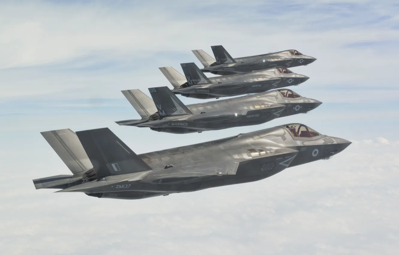 Фото обои небо, полет, истребители, строй, бомбардировщики, Lightning II, F-35B