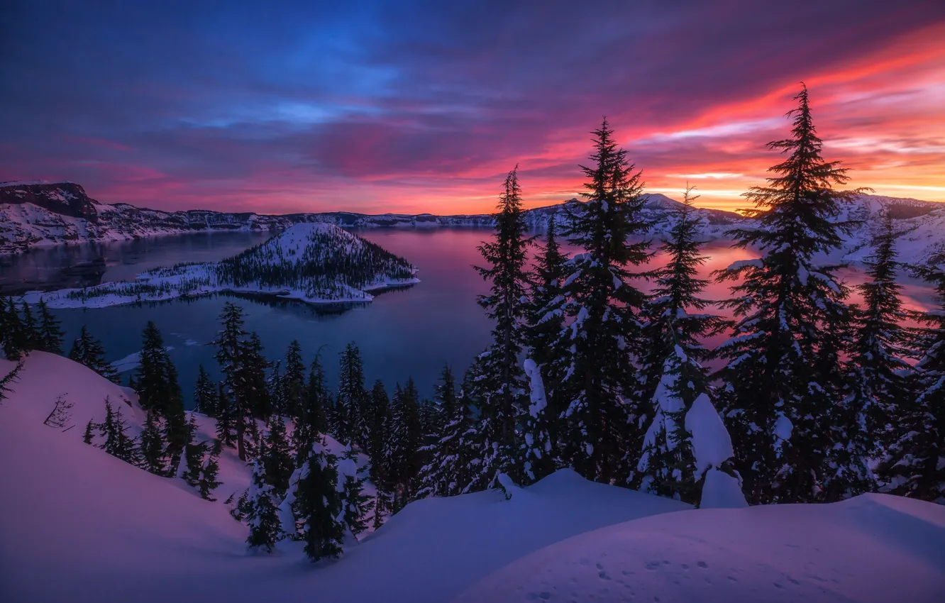 Фото обои зима, снег, горы, озеро, вечер, утро, вулкан, США