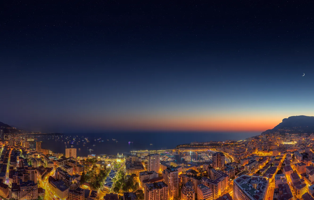 Фото обои море, город, вечер, панорама, Monaco, Yacht Show Sunset 2014