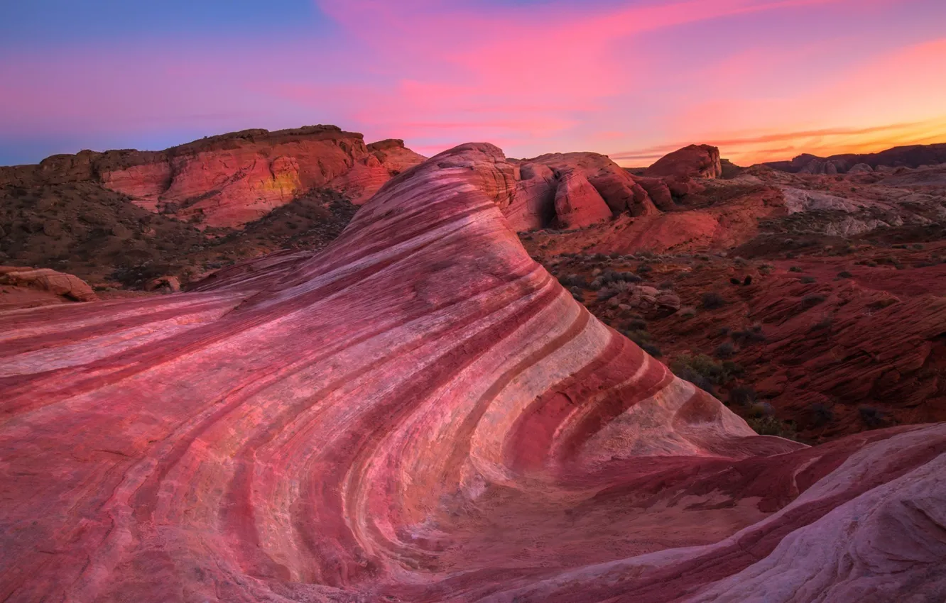 Фото обои USA, sky, desert, landscape, nature, sunset, pink, clouds