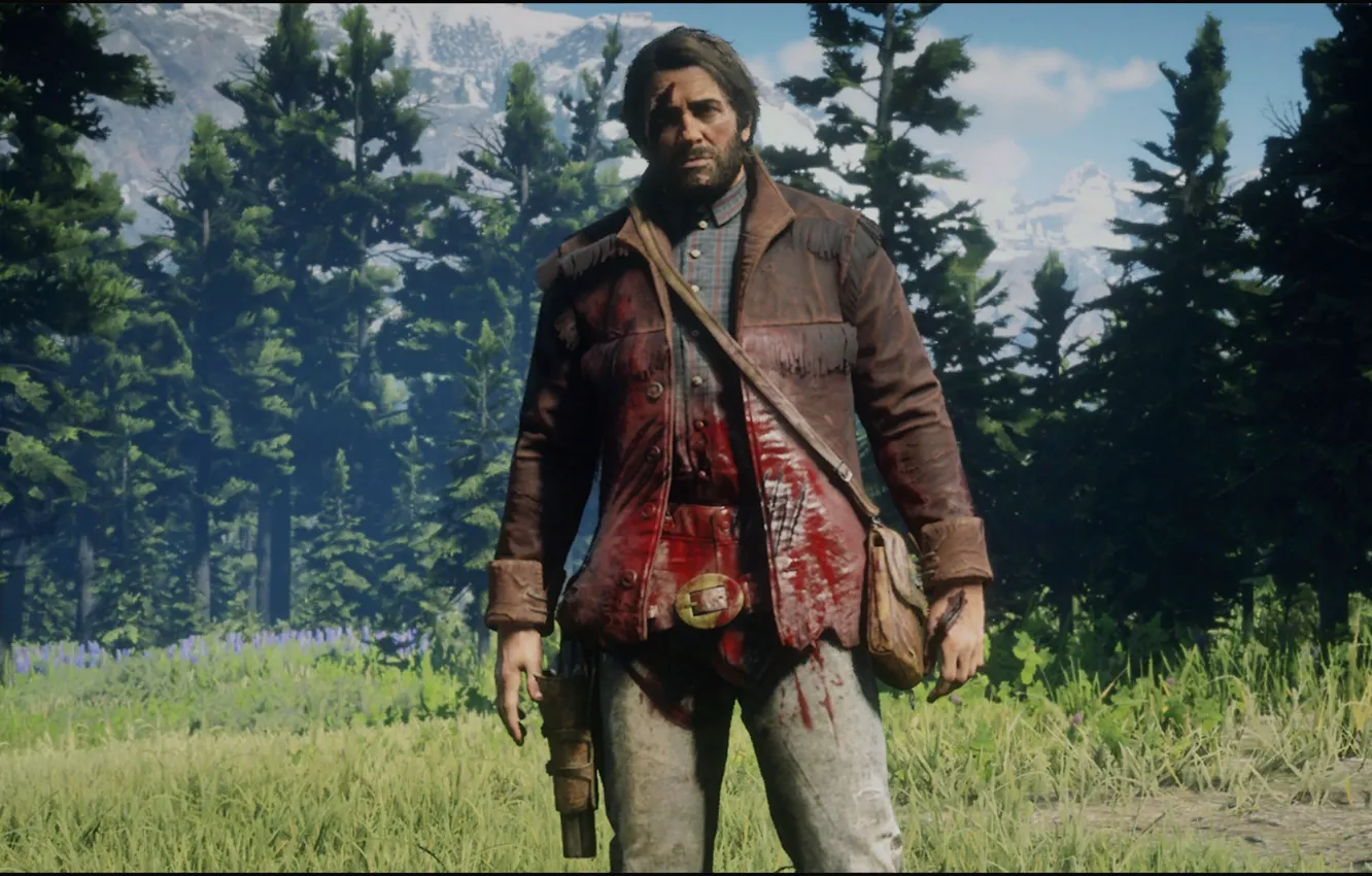 Фото обои Wood, Game, Trees, Bear, Attack, Blood, Xbox One S, Red Dead Redemption 2