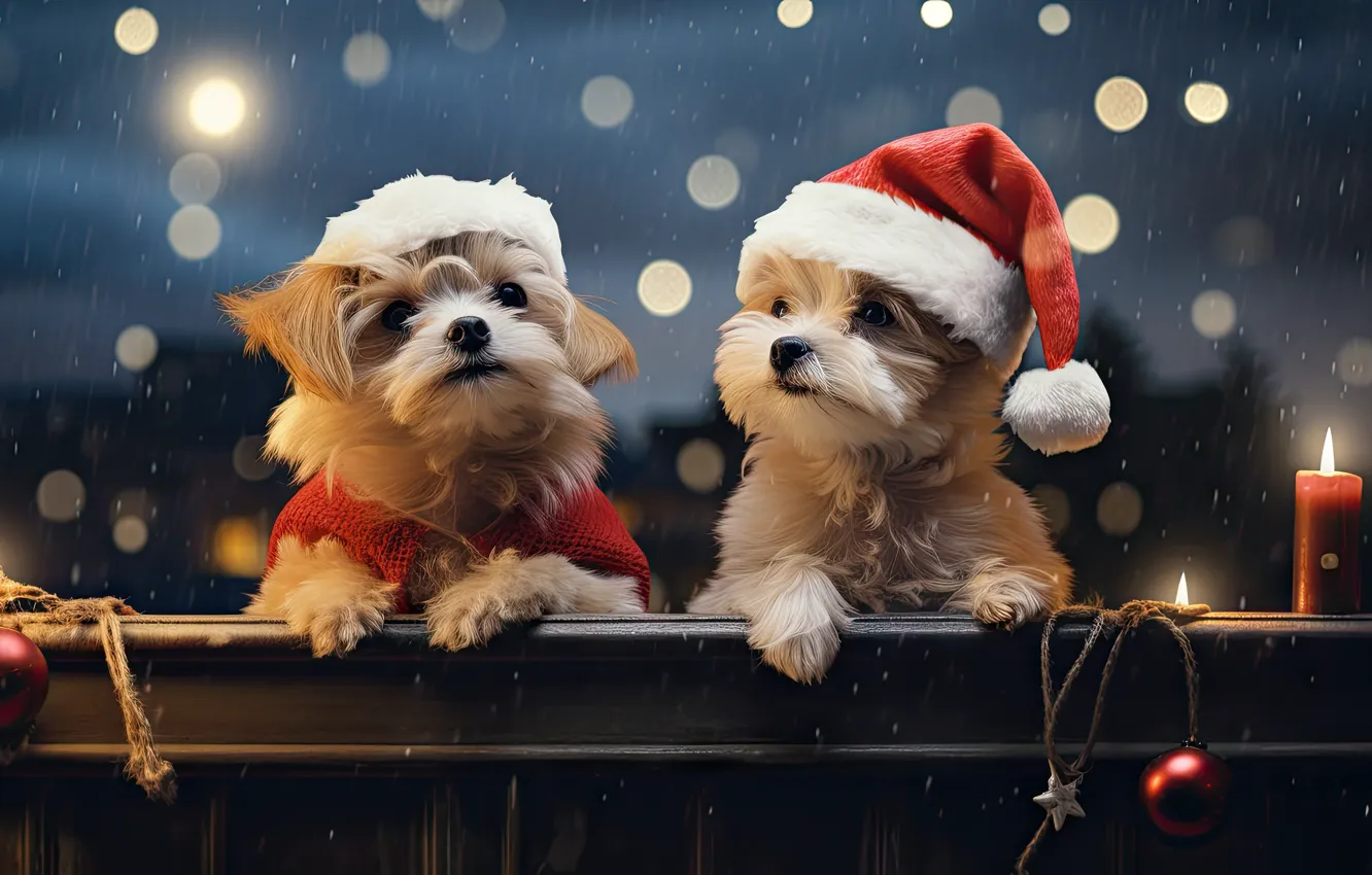 Фото обои собаки, взгляд, огни, собака, Рождество, подарки, Новый год, друзья